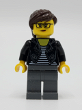 LEGO twn391 Female with Striped Black and White Shirt, Black Jacket, Dark Bluish Gray Legs, Dark Brown Hair